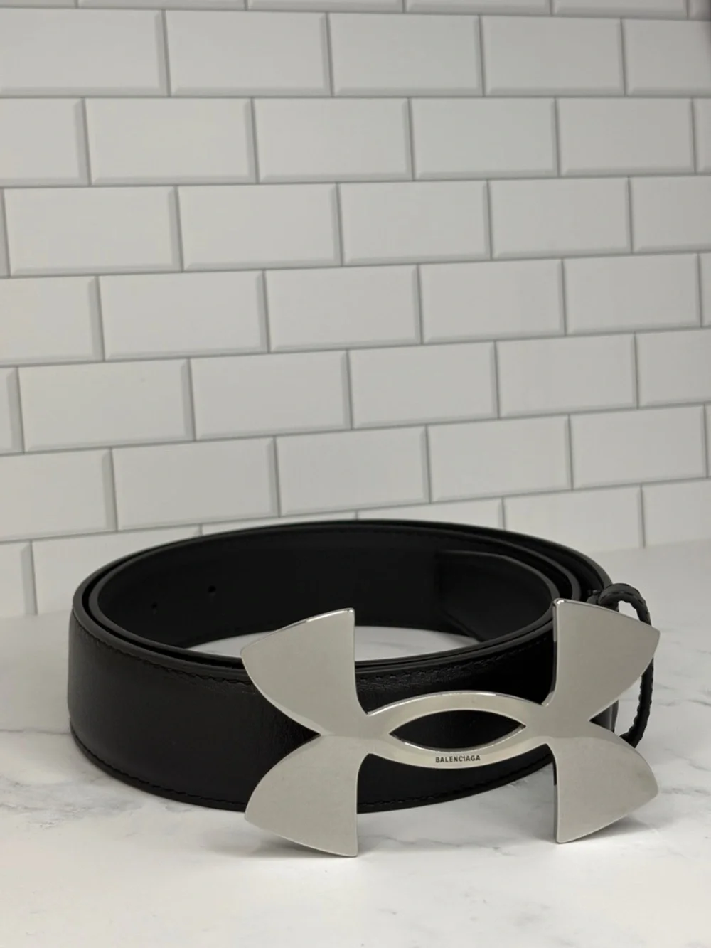 Balenciaga x Under Armour Black Leather Men's Belt with Silver Logo Buckle